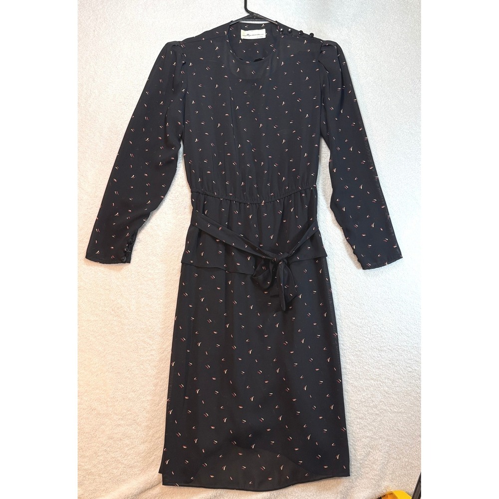 Vintage Marchionda of California 80s Black Sheer Abstract Midi Dress Belted L